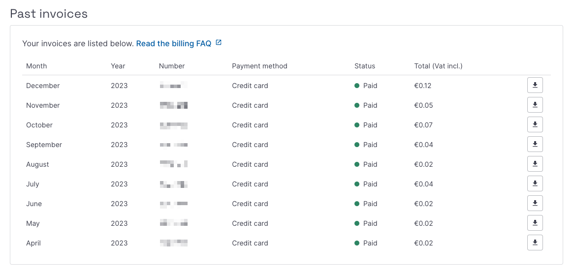 Screenshot from Scaleway, the cloud provider Magic Pages uses for backups, showing 9 invoices that add up to €0.40 of total backup costs.